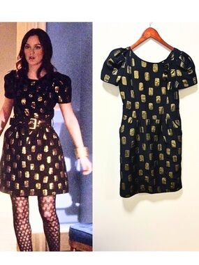 Marc Jacobs Black Mini Dress with Gold Metallic Motif Sz 2